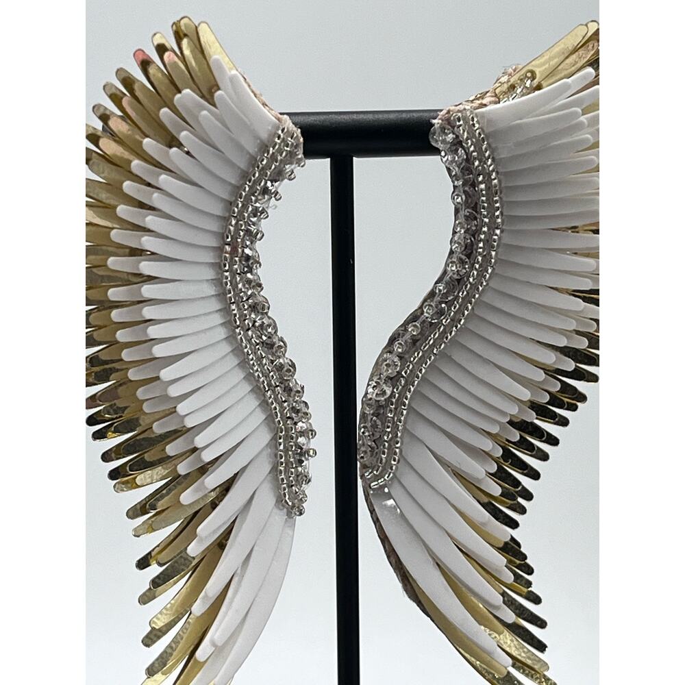 Mignonne Gavigan Gold White Metallic Madeline Large Leather Sequins Wing Earring - Picture 4 of 15